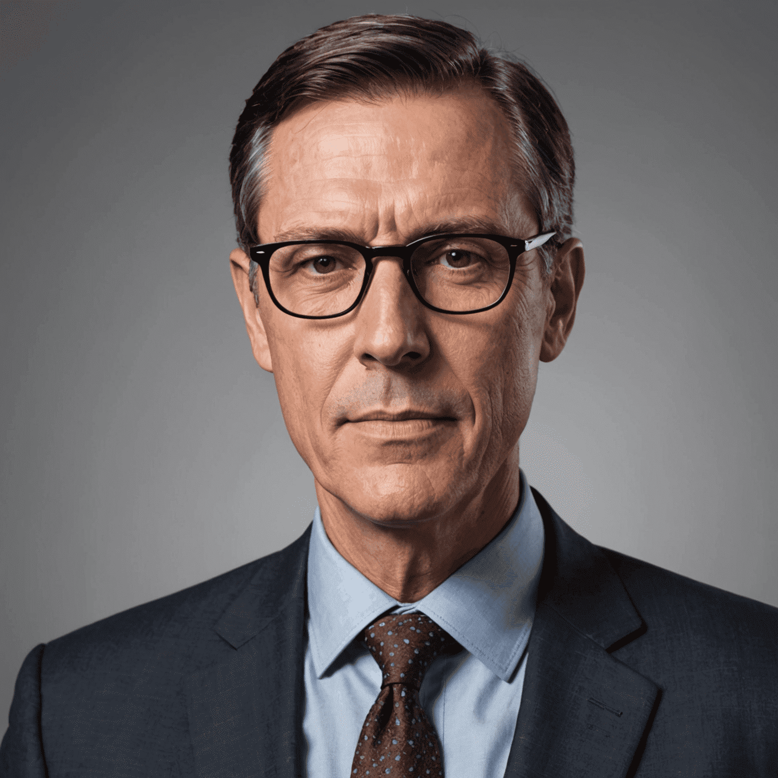 Portrait of John Doe, a middle-aged man with short dark hair and glasses, wearing a business suit