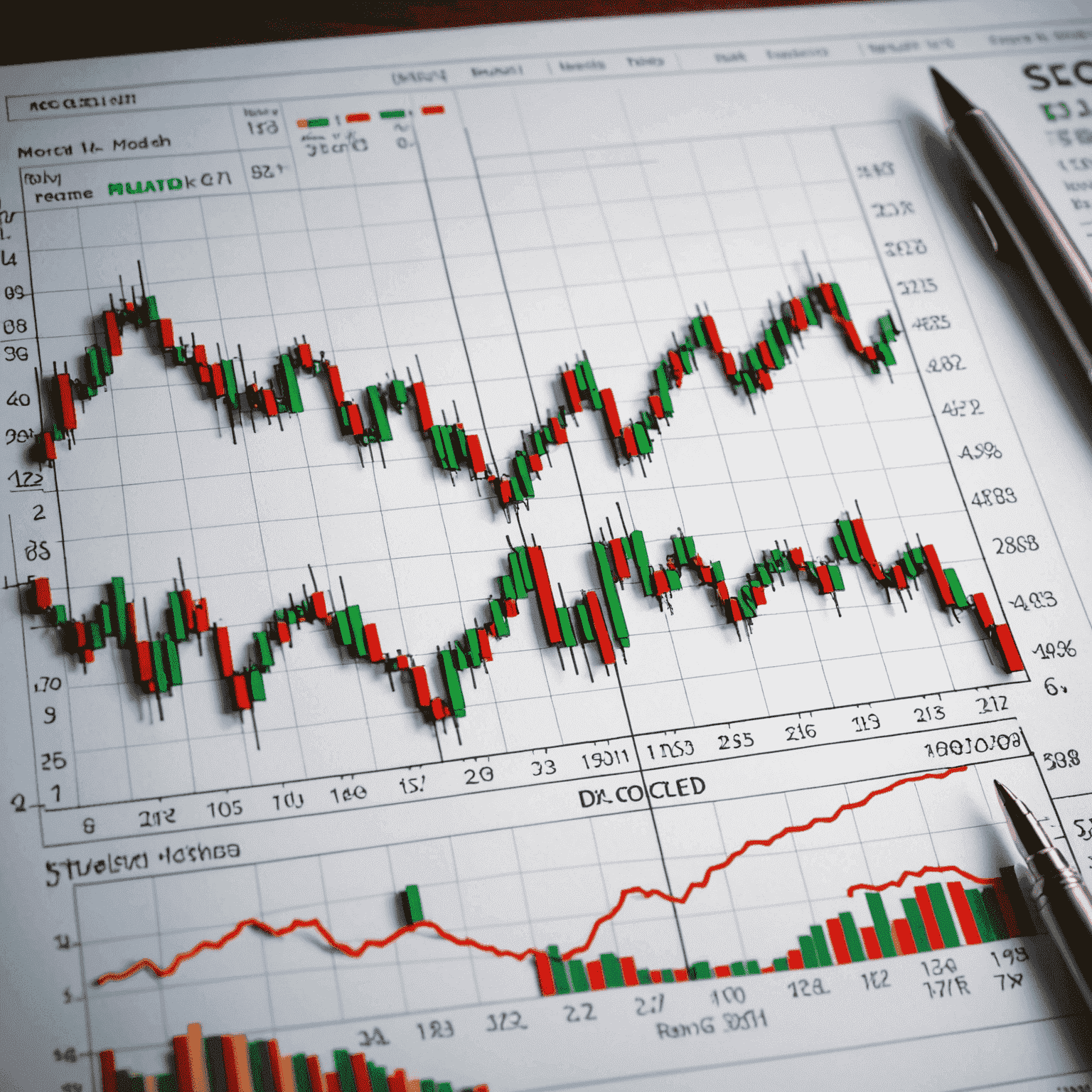 Visual representation of various technical indicators such as Moving Average, RSI, and MACD on a stock chart