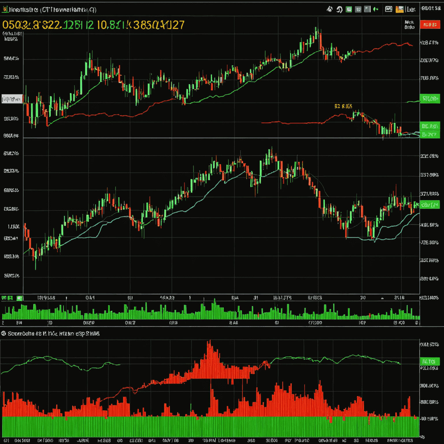 RSI indicator chart below a stock price chart, showing overbought and oversold levels